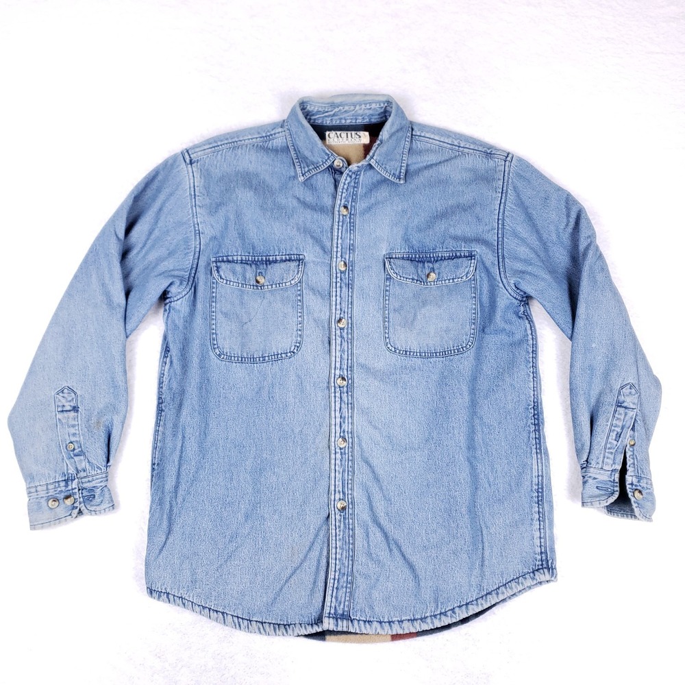 Cactus Clothing Denim Shirt Jacket Plaid Lined Shacket‎ Blue Long Sleeve XL